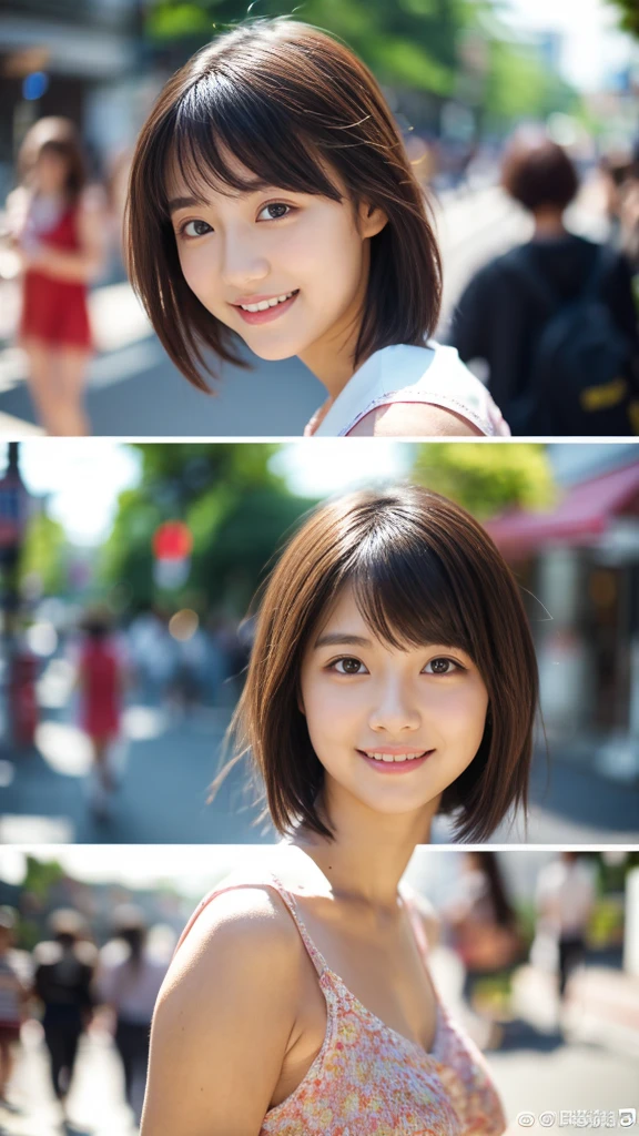 ultra best quality、masterpiece、超hight resolution、depth of fields、(Photorealsitic:1.4)、(awardwinning photo、incredible masterpiece:1.3) 、Raw photography、the golden ratio、the Extremely Detailed CG Unity 8K Wallpapers、Detailed and complex、Original、hight resolution、Raw foto、(perfect body type)、Detailed and complex、Digital SLR、softlighting、(background person blur:1.1)、SIGMA 85 mm F/1.4、50mm Lenac lighting、nffsw、hyper realstic、Color Grade、dynamicposes、Portrait Break、 solo、short-hair:1.4、girl with、Super beauty、(Full body like:1.2)、japanese bodybian、solo)、thighs gap、A smile:1.4、University、cute little high school girl、short-cut、Detailed Realistic、Skin Texture、(realistic human skin texture)、Front view View viewer、natural soft light、Daytime、in a street、deep-shadows、cute little、21 years old BREAK、 a street、The state of the store、akihabara、Shinjuku、with no people、(akihabara:1.2)