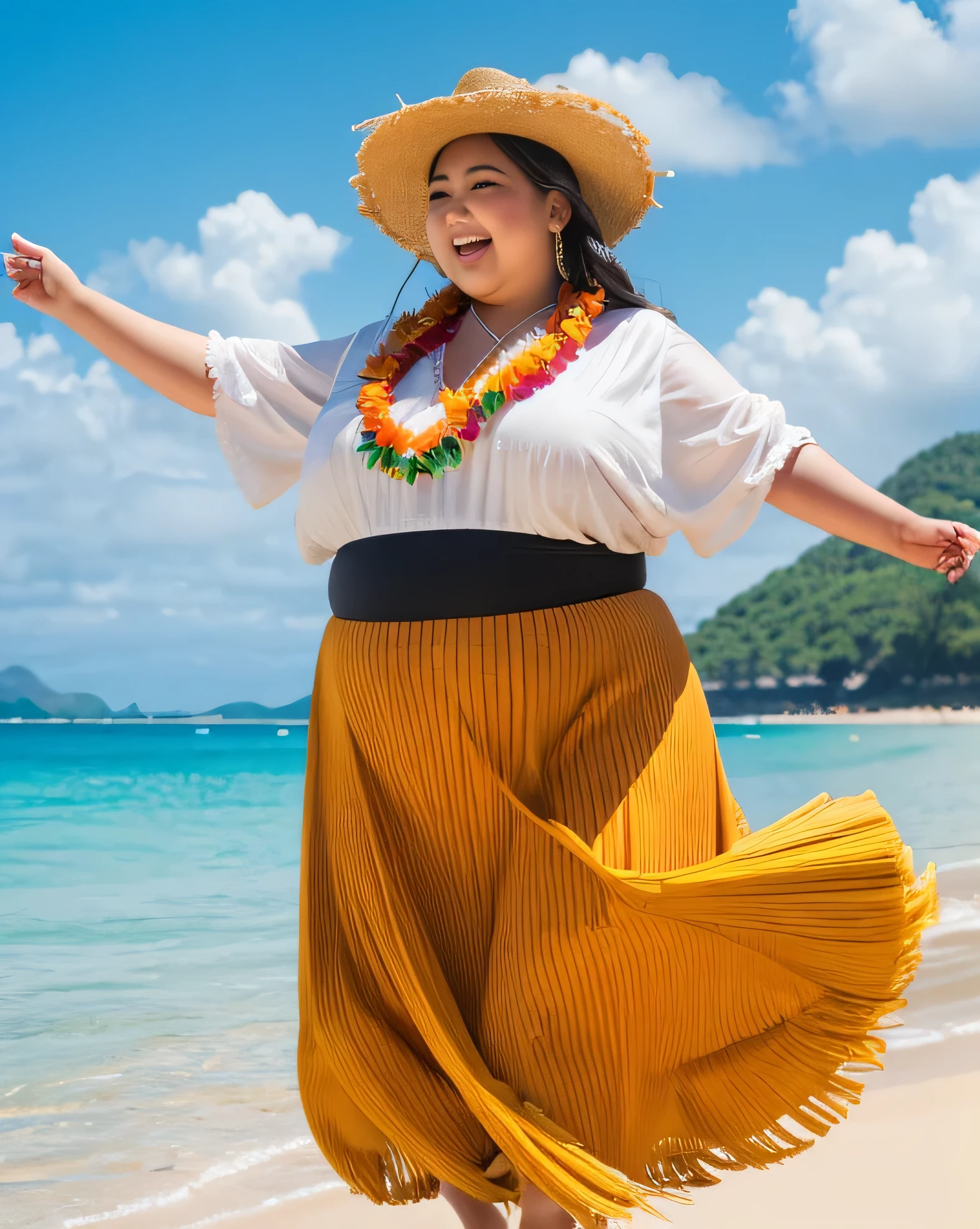 ((8K)), highest quality, 超High resolution, (surreal)、(High resolution), 1 girl, ((Traditional Hula Costumes)), Overweight, extremely fat, ((Chubby)), ((Chuckle-Smile)), Dancing the hula happily、at beach, cowboy shot