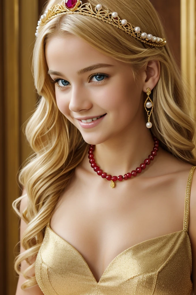 Beautiful blonde girl of  with a smile and with big breasts wearing a gold diadem with a large ruby and with three pearl necklaces 