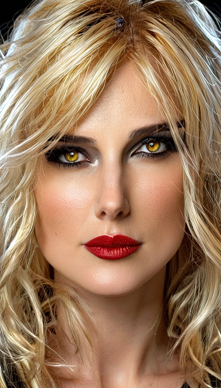 (character portrait for the game Dungeons and dragons), (female 30 years old, spellblade, high charisma), (white skin:0.8, nordic facial features, heavy black makeup, light blue eyes, blond, long, straight hair), (dark fantasy), (heavy platemail armor, gray metallic, cleavage),([dim lights], shadows in the background, red, black, yellow)