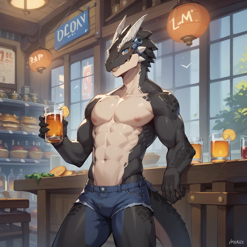 Young Lizardman、Black body、White belly、A toned, mechanical body、Two horns、Sparkling blue eyes、With a friend、Square glass in hand、A little alcohol、cyber punk、Dark Tavern、Inside the store、cool