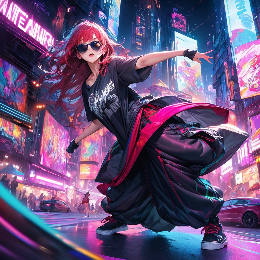 one beautiful Germans girl performing a dynamic popping move, her body locking and popping with sharp, precise movements. Dancer wearing oversized T-shirt and baggy pants,wearing sunglasses,luxury,popping dance pose, urban street style, loose-fitting clothes, vibrant colors, dynamic movement, street dance background, The background is a futuristic cityscape with neon lights. High-quality illustration, vibrant colors, detailed fabric textures. colorful illustrations, highly detailed, high resolution, in the style of digital painting, natural lighting, masterpiece, high definition, in the style of octane rendering, hyper realistic. --ar 5:7 --niji 6