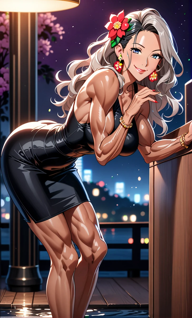 ultra-detailed, ((one girl)), (tanned skin:1.2), in pastel colors girl, hyper detailed, absurdres, 8K, fair skin, Beautiful Face, (Laugh shyly), ((teasing smile:1.8)), ((Wink:1.7)), (Laugh with your mouth wide open),((Tilt your head:1.4)), View your viewers, ((Bright red cheeks:1.6)),Glossy Red Lips, ((Big Breasts:1.5)), ((show off breast:1.4)), ((erect nipples)), night, Riverside,On Bridge, firework, (Brighten your face), ((Anime style background)),masterpiece, Highest quality, so beautiful,Latest, Complex details, (Pink long nails), (nail art), (ring),(bracelet), (Floral Choker),AI-generated, Complex,High resolution, Highest quality, super high quality,3D Images、3D Images,One person,long white hair,(High Ponytail), (wavy hair:1.3), Monotone anime woman posing for a photo, ((Fine grain、blue eyes、glowing eyes:1.4)), (Squint your eyes:1.1),a hyperRealistic , hyperRealistic , Realistic,Anime woman with long white, Smooth anime CG art, A girl in a gorgeous black kimono, Gold embroidery, ((black furisode)),(Large floral pattern) , ((undressing)), Long flower hair ornament,Floral Earrings,Mature Body, tall,Abdominal muscles,Tight waist, ((leaning forward:1.7)), (front view),