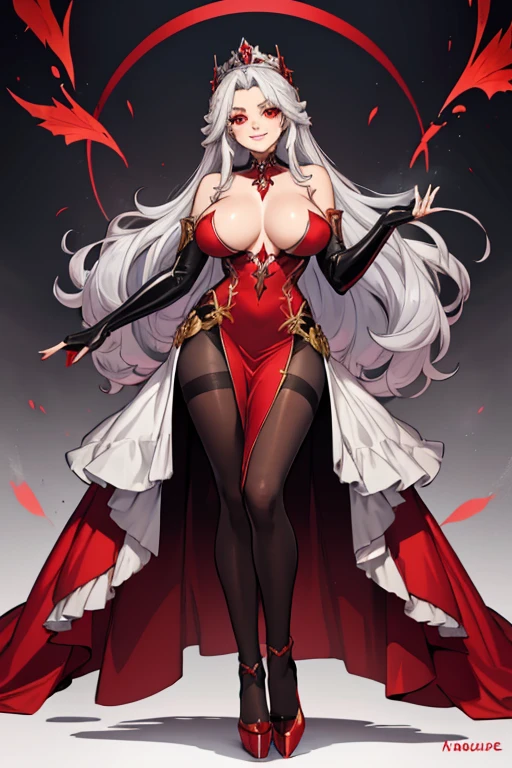 female, silver long hair, red eyes, (((1girl))), (((red regal dress))), (black fingerless opera gloves), (black tights), (red heels), (silver and gold jewelry), cute and sexy, full body, huge breasts, long legs, smiling