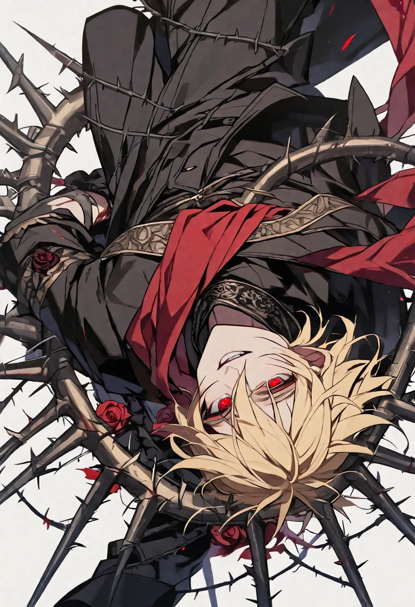 Solo, male, blonde hair, red eyes, black coat, red scarf, black roses, red roses, thorns, blood