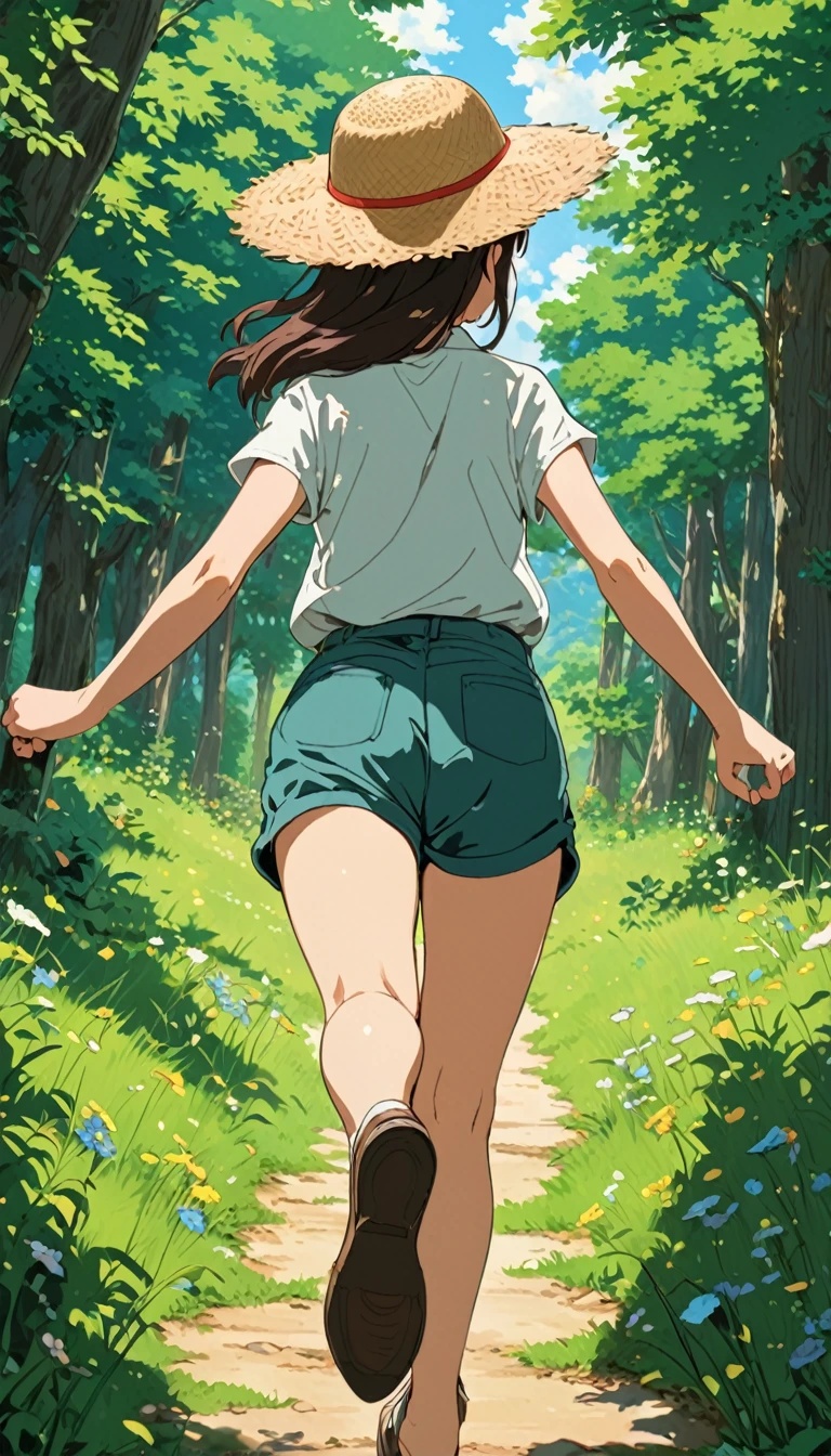 スタジオGhibli styleアニメ映画,Movie stills,Representative works,Official Art,Professional,Super intricate details, Highest quality,8Kのmasterpiece,Super detailed,超A high resolution,High resolution,Depth of written boundary, High background image quality,(masterpiece:1.5), Ghibli style,((((1 girl:1.9,solo)))),Running girl, The wind is blowing,Back view,Shorts,Wearing a straw hat,