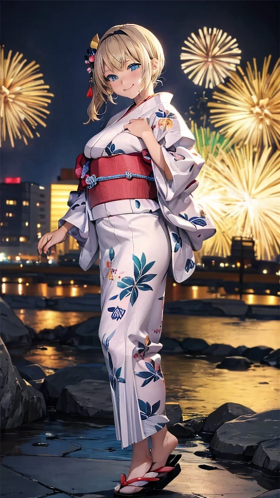 (masterpiece, Highest quality, Super detailed),One girl,((super fine illustration)),((cute eyes,highly detailed skin)),((smile)),(well endowed,Blessed,Captivating body、Detailed Background)、(yukata:1.5),firework,(A lot of fireworks,Night view,Ocean)、Festivals、1girl, kazama iroha, blonde hair, fingerless gloves, japanese clothes, white thighhighs, haori, black gloves, bangs, pleated skirt, ponytail, chest sarashi, blue eyes, black hairband, hair ornament, leaf hair ornament, long sleeves, covered navel, breasts