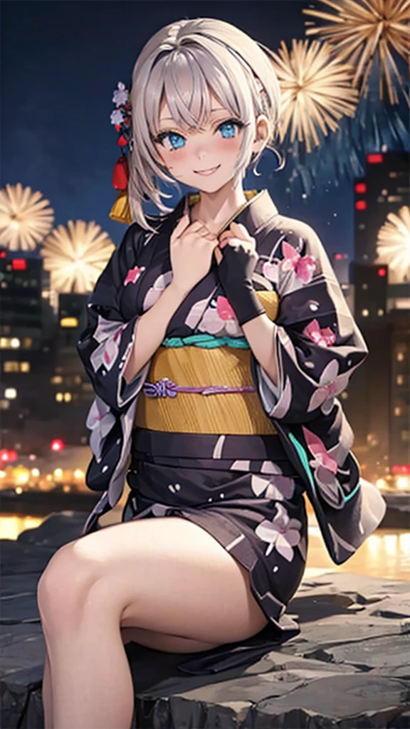 (masterpiece, Highest quality, Super detailed),One girl,((super fine illustration)),((cute eyes,highly detailed skin)),((smile)),(well endowed,Blessed,Captivating body、Detailed Background)、(yukata:1.5),firework,(A lot of fireworks,Night view,Ocean)、Festivals、1girl, kazama iroha, blonde hair, fingerless gloves, japanese clothes, white thighhighs, haori, black gloves, bangs, pleated skirt, ponytail, chest sarashi, blue eyes, black hairband, hair ornament, leaf hair ornament, long sleeves, covered navel, breasts