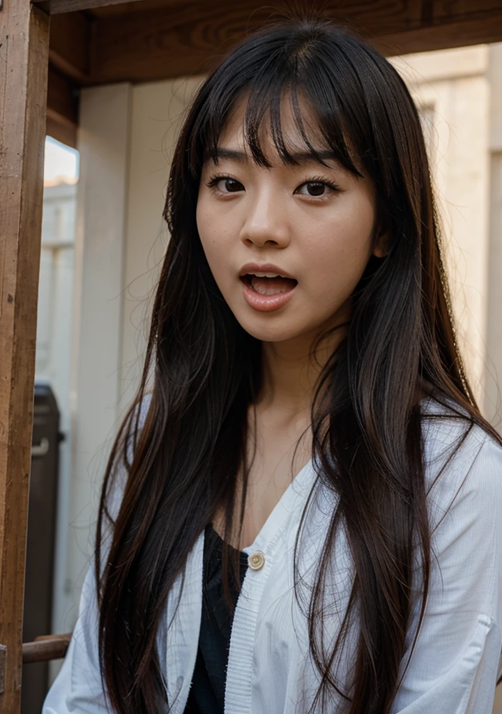 Asian girl long hair open mouth