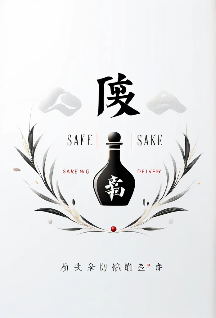 Stylish logo for Japanese sake delivery, black and white design, one-stroke、Calligraphy-like design、In silhouette、Luxurious、Sake from a sake bottle、Stylish diagonal shot from the air、In a sake cup、A logo that looks like alcohol is being poured neatly. A very luxurious logo. A very cool, chic and modern design. The background is white.