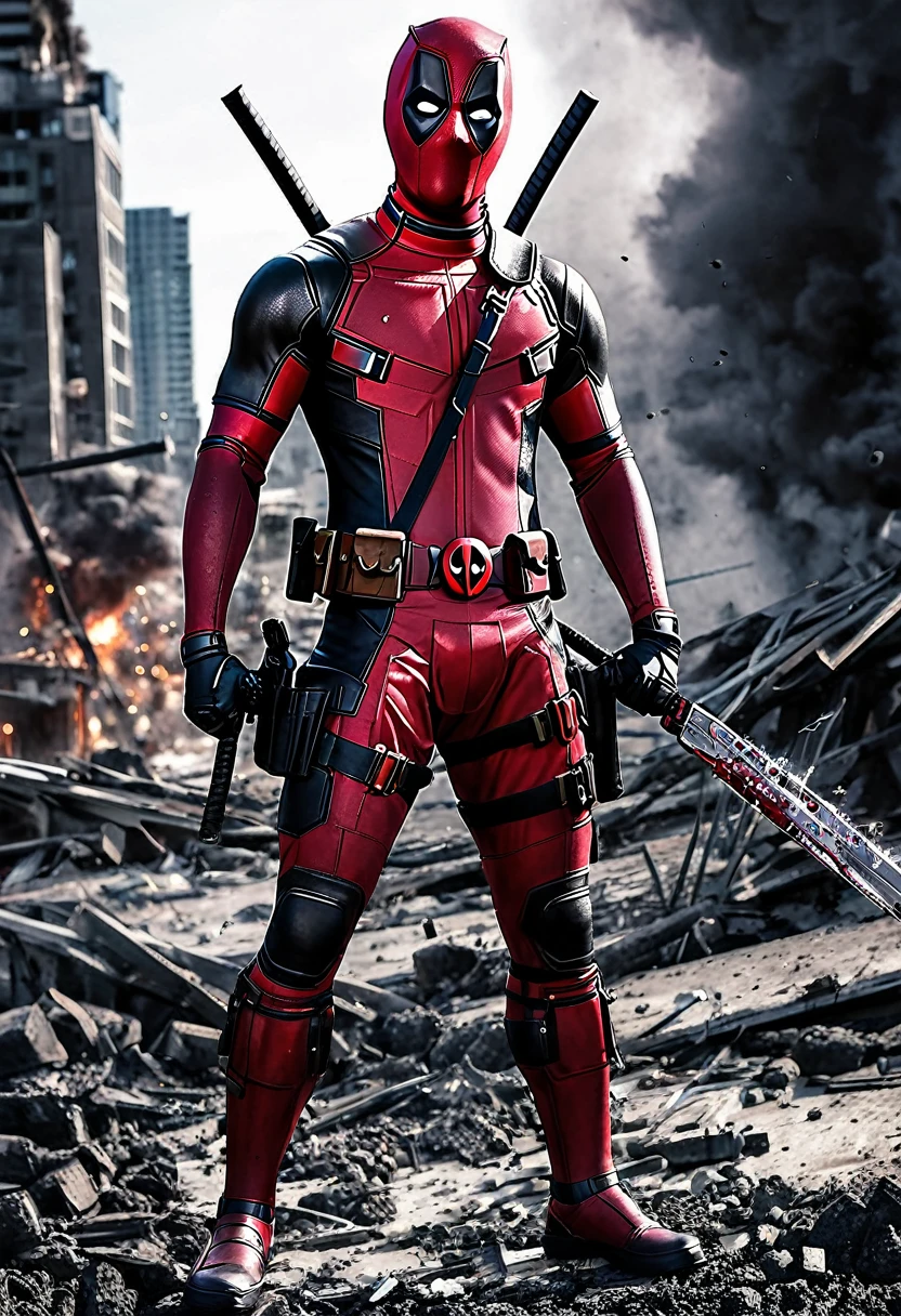 A humorous and action-packed illustration of the famous anti-hero Deadpool. He stands confidently, wearing his signature red and black suit with two katanas crossed over his back. Deadpool's mask reveals a wry smile, while he holds a pistol in one hand and a grenade in the other. The background is a chaotic scene of explosions and destruction, with the words "Deadpool, making things explode since yesterday" humorously displayed.