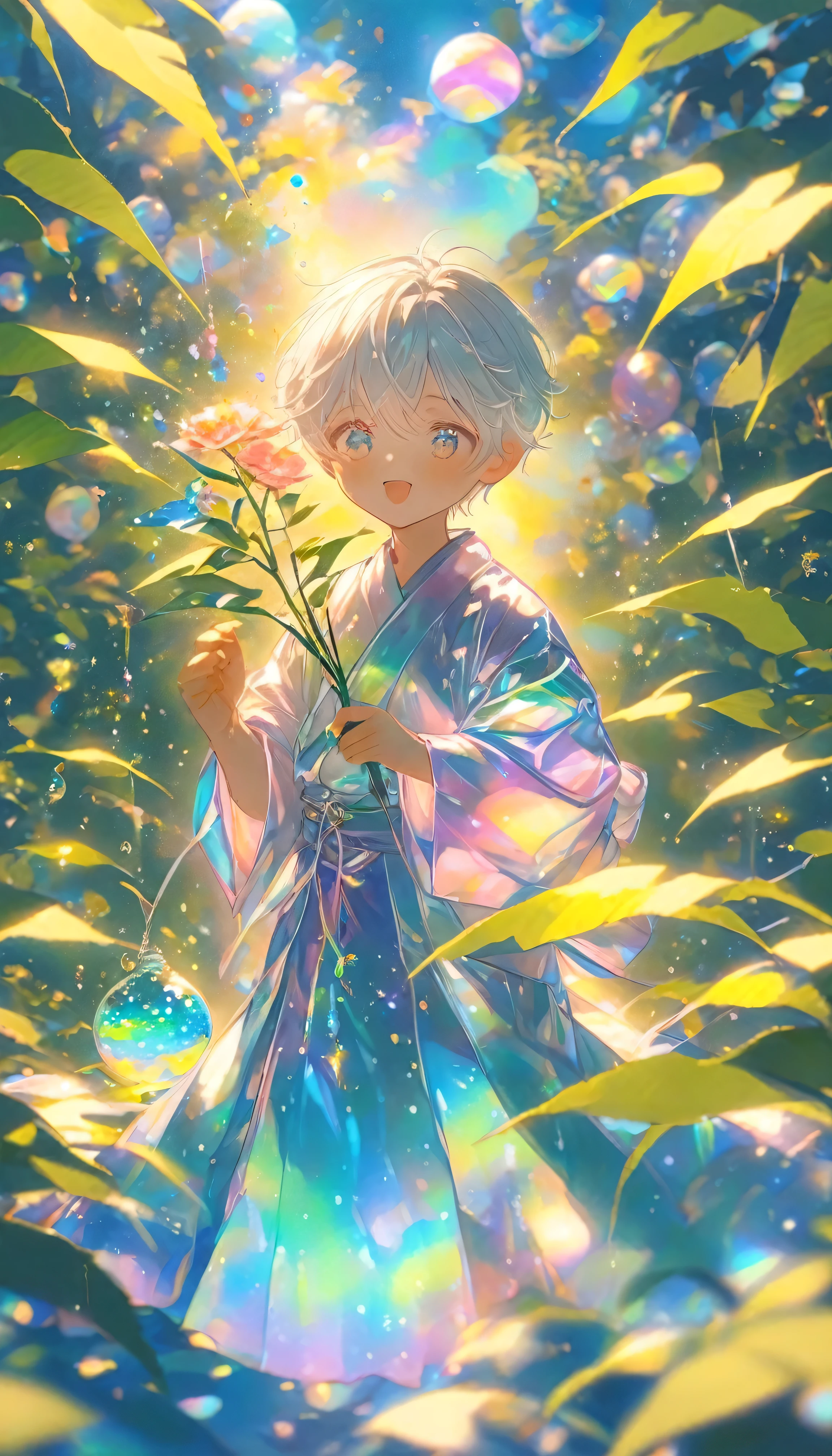 One male student、Young people、Looking at a large flower、Tanabata、strip、Bamboo Leaves、stripに願いをこめて、yukata,fluid,Particles of light, dream-like,Sparkling,dream-like glow,Paint dripping,Oil,strong stroke,Splash Paint Drop, Boy's(Tanabataライトトレース:1.25),After change (Radioluminescence Light Tracking) スタイルTanabataのSummer festival,Temple Fair,Summer festival,Iridescent、16K, Ultra-high resolution, to be born,wonderful ,future、Iridescent、The world 30 years from now。