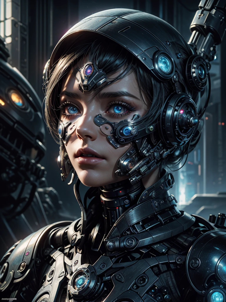 A futuristic steampunk girl, detailed face, beautiful eyes, longeyelashes, detailed lips, intricate cybernetic enhancements, planetary colony, alien civilizations, futuristic city, advertising holograms, cyborgs, cinematic lighting, moody colors, dramatic shadows, ultra-detailed, 8k, photorealistic, masterpiece