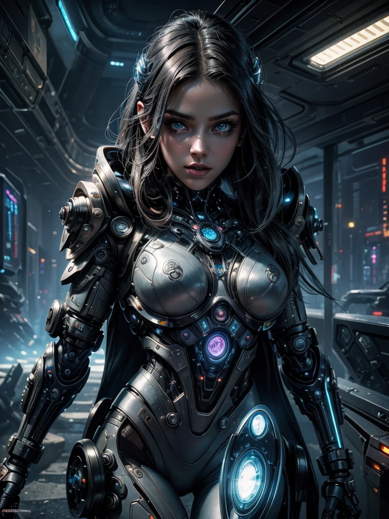 A futuristic steampunk girl, detailed face, beautiful eyes, longeyelashes, detailed lips, intricate cybernetic enhancements, planetary colony, alien civilizations, futuristic city, advertising holograms, cyborgs, cinematic lighting, moody colors, dramatic shadows, ultra-detailed, 8k, photorealistic, masterpiece