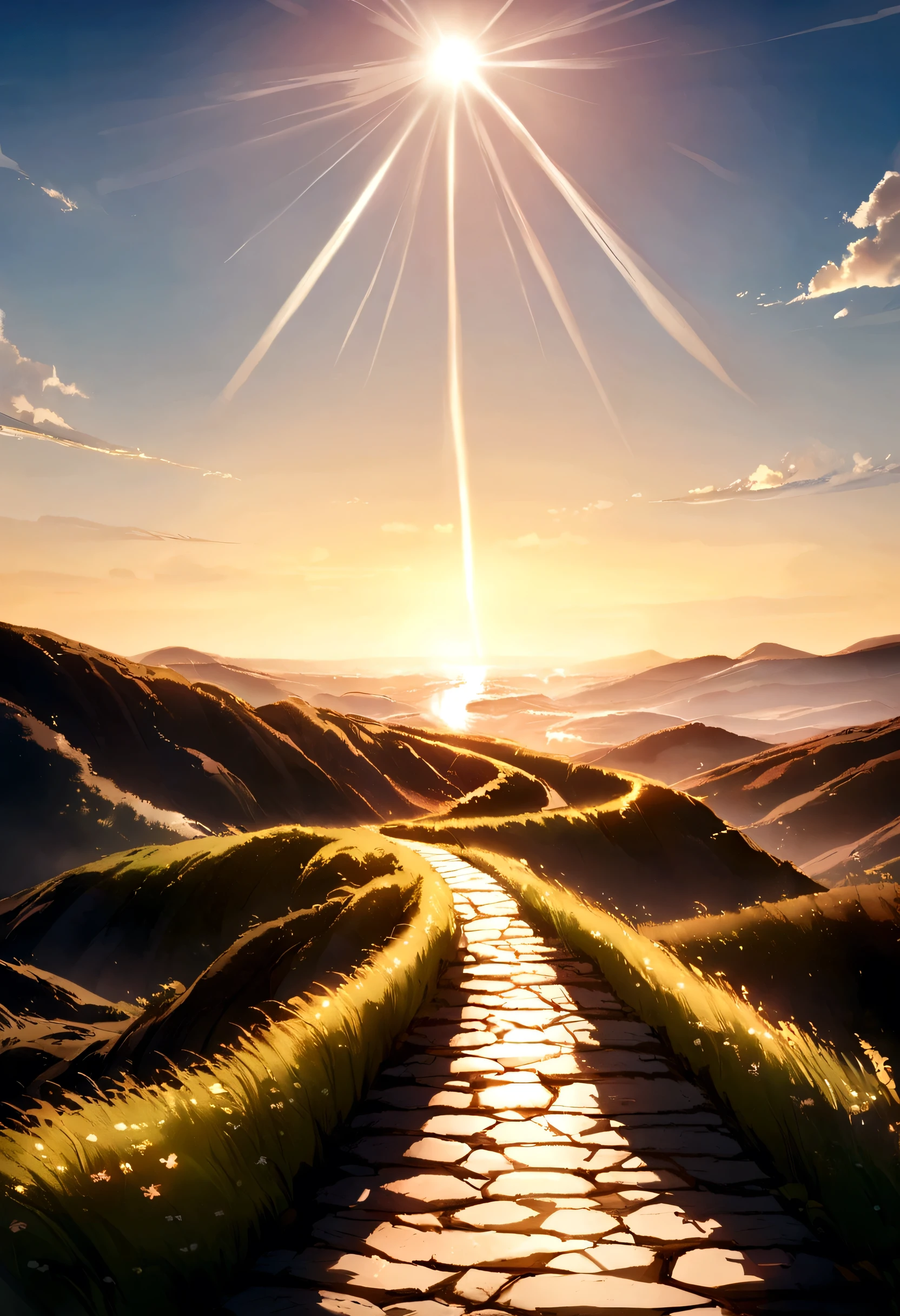 Image of a long and winding road，Bright light leading to the horizon,bright morning，suns rays