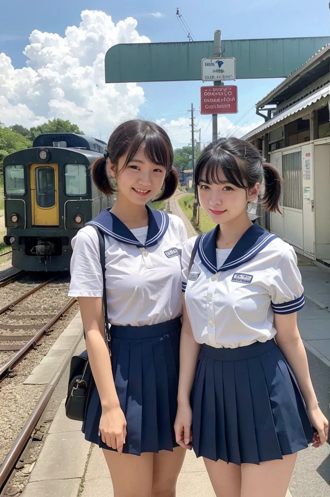 2 girls in rural railway station,Japanese train on far side,cumulonimbus cloud in summer sky,short-sleeved white shirt with sailor collar,navy blue pleated skirt,school bag,18-year-old,bangs,a little smile,thighs,knees,short hair with low pigtails bunches,from beside,front light
