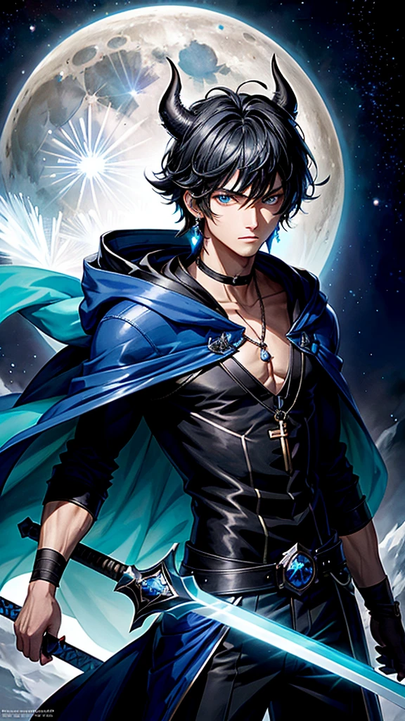 (masterpiece:1.2、highest quality), (Exquisite eyes: 1.2), (Detailed Background、Dark fantasy), (beauty detailed face), High Contrast, (Best lighting、Very delicate and beauty), ((Cinema Lighting) )), colorful, Hyper Detail, Dramatic Light, Intricate details, (1 teen boy, scruffy black hair, bangs, Blue eyes, moon, dark night, long earrings, black hoodie, blue demon horns, blue great sword on the back, looking at viewer, upper body), Black light swirling around the character, Depth of written boundary, black light particles, Nightcore, Spectacular anime style, zerochan art, Anime Wallpaper High quality anime art style, Key Anime Art