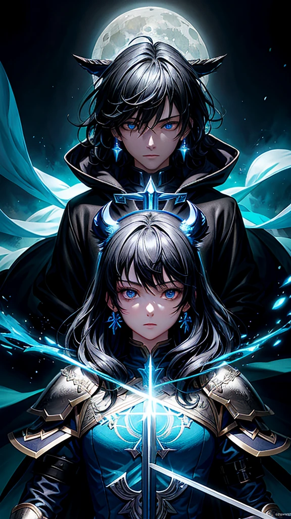 (masterpiece:1.2、highest quality), (Exquisite eyes: 1.2), (Detailed Background、Dark fantasy), (beauty detailed face), High Contrast, (Best lighting、Very delicate and beauty), ((Cinema Lighting) )), colorful, Hyper Detail, Dramatic Light, Intricate details, (1 teen boy, scruffy black hair, bangs, Blue eyes, moon, dark night, long earrings, black hoodie, blue demon horns, blue great sword on the back, looking at viewer, upper body), Black light swirling around the character, Depth of written boundary, black light particles, Nightcore, Spectacular anime style, zerochan art, Anime Wallpaper High quality anime art style, Key Anime Art