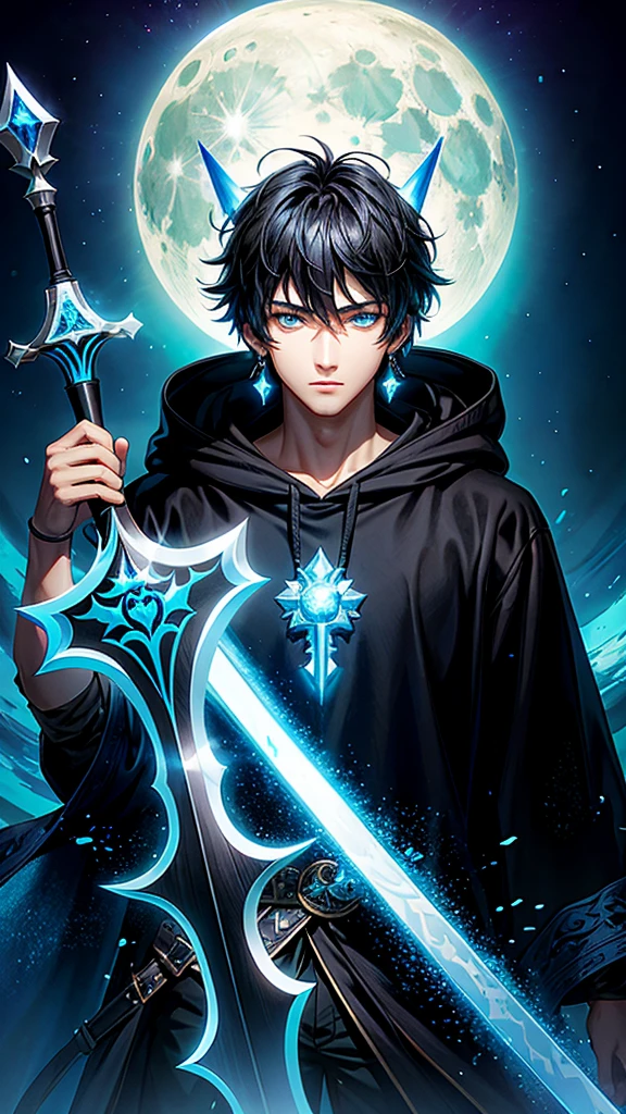 (masterpiece:1.2、highest quality), (Exquisite eyes: 1.2), (Detailed Background、Dark fantasy), (beauty detailed face), High Contrast, (Best lighting、Very delicate and beauty), ((Cinema Lighting) )), colorful, Hyper Detail, Dramatic Light, Intricate details, (1 boy, scruffy black hair, bangs, Blue eyes, moon, dark night, long earrings, black hoodie, blue demon horns, blue great sword on the back, looking at viewer, upper body), Black light swirling around the character, Depth of written boundary, black light particles, Nightcore, Spectacular anime style, zerochan art, Anime Wallpaper High quality anime art style, Key Anime Art