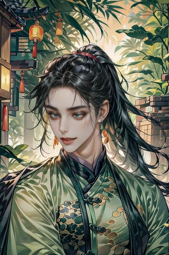 xianxia, (((best quality))),masterpiece,ultra high resolution,extraordinarily beautiful youth, a bright, villains smile,All green clothing,((boy 24 year old, green hanfu,green clothing, Chinese shirt style)) ,boy character ,((Thick black long hair)),beautiful face,detailed interior, detailed boy,((man)),(in bamboo forest), house China style, pure white lotus,beautiful and cute boy ,black eyes,((solo man)),(he has a Big eyes, charming lips, slim nose and small face),(slim figures ),ponytail and 冠, Hiogi fan,Japanese fan ,very long hair, thick hair, black hair ,eyes detailed,pony tails,