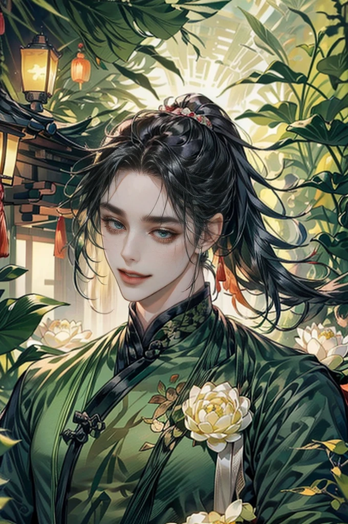 xianxia, (((best quality))),masterpiece,ultra high resolution,extraordinarily beautiful youth, a bright, villains smile,All green clothing,((boy 24 year old, green hanfu,green clothing, Chinese shirt style)) ,boy character ,((Thick black long hair)),beautiful face,detailed interior, detailed boy,((man)),(in bamboo forest), house China style, pure white lotus,beautiful and cute boy ,black eyes,((solo man)),(he has a Big eyes, charming lips, slim nose and small face),(slim figures ),ponytail and 冠, Hiogi fan,Japanese fan ,very long hair, thick hair, black hair ,eyes detailed,pony tails,