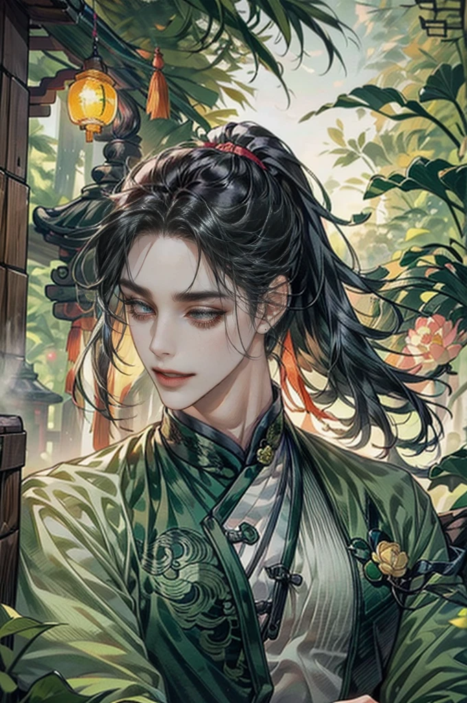 xianxia, (((best quality))),masterpiece,ultra high resolution,extraordinarily beautiful youth, a bright, villains smile,All green clothing,((boy 24 year old, green hanfu,green clothing, Chinese shirt style)) ,boy character ,((Thick black long hair)),beautiful face,detailed interior, detailed boy,((man)),(in bamboo forest), house China style, pure white lotus,beautiful and cute boy ,black eyes,((solo man)),(he has a Big eyes, charming lips, slim nose and small face),(slim figures ),ponytail and 冠, Hiogi fan,Japanese fan ,very long hair, thick hair, black hair ,eyes detailed,pony tails,