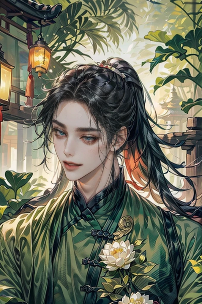 xianxia, (((best quality))),masterpiece,ultra high resolution,extraordinarily beautiful youth, a bright, villains smile,All green clothing,((boy 24 year old, green hanfu,green clothing, Chinese shirt style)) ,boy character ,((Thick black long hair)),beautiful face,detailed interior, detailed boy,((man)),(in bamboo forest), house China style, pure white lotus,beautiful and cute boy ,black eyes,((solo man)),(he has a Big eyes, charming lips, slim nose and small face),(slim figures ),ponytail and 冠, Hiogi fan,Japanese fan ,very long hair, thick hair, black hair ,eyes detailed,pony tails,