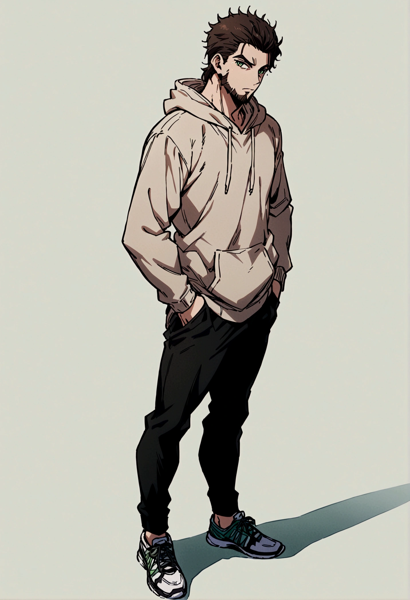 fullbody,masterpiece,standing,light brown hoodie,dark brown short hair,green eyes,(bangs),adult,1boy,solo,light stuble,(beard),slim,