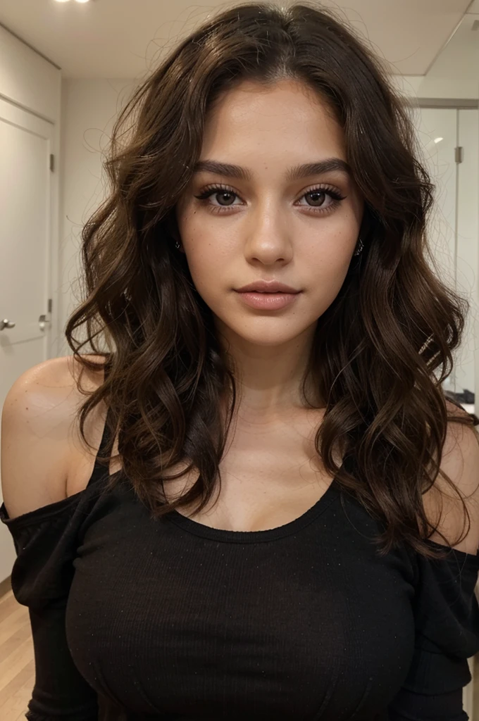 woman 22 years old, long brown little bit curly hair, brown eyes, perrfect face, prroffesional makeup like model, C and wearing black top