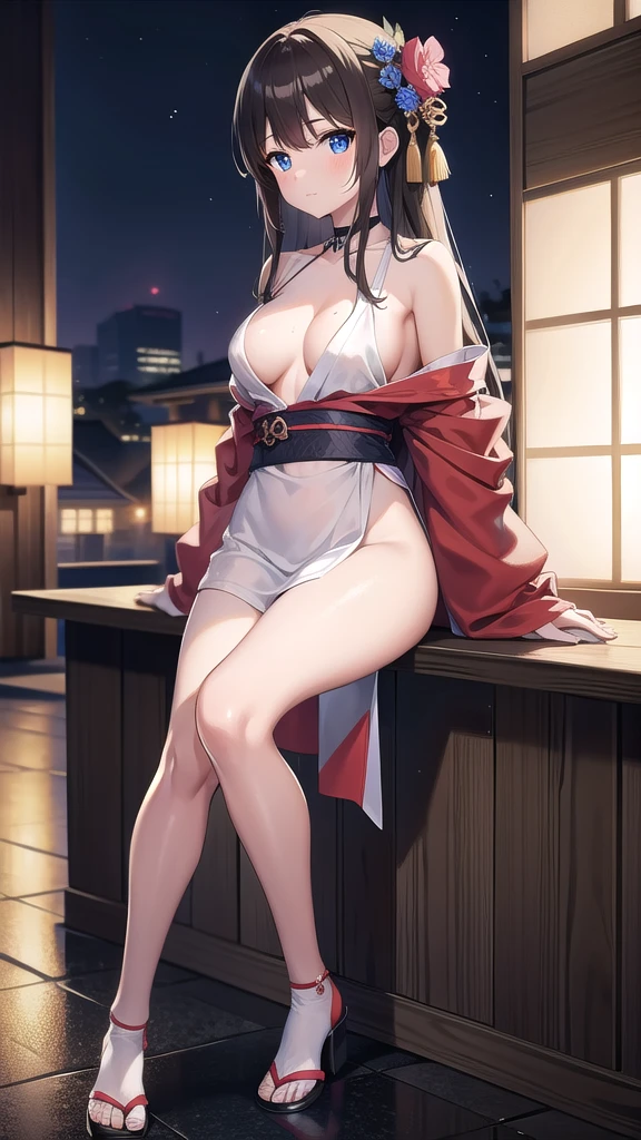 BREAK indoors,street,night,wet road,festival,fireforks, BREAK looking at viewer, BREAK (masterpiece:1.2), best quality, high resolution, unity 8k wallpaper, (illustration:0.8), (beautiful detailed eyes:1.6), extremely detailed face, perfect lighting, extremely detailed CG, (perfect hands, perfect anatomy),Miku Nakano, Miku Nakano Chick III, Long Hair, Bangs, Blue Eyes, Brown hair, Hair between the eyes,medium Breasts,japanese clothes,kimono,wet kimano, yukata,cleavege,neckline,black choker, naked shoulders, full body shot,
