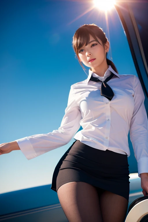 (Highest quality,4K,8K,High resolution,masterpiece:1.2), Very detailed,(Genuine,フォトGenuine,写真Genuine:1.37), Luscious aroma, luxury, Beautiful legs, Glamorous silhouette, {{Flight Attendant}}, Attractive Flight Attendant, (Black Pantyhose), Boring Tone, Camera flare effect, Beautiful light and shadow, firm hips, The entire show is shot from a low angle, Elegant Style, Vibrant colors, Sharp focus, Smooth skin texture, sexy charm, Camera zoom in effect, Smooth skirt movement, Strong and beautiful posture, Flight attendant's chic uniform, (Tight skirt)、Close-up of legs and groin、Angle from leg to crotch、{{Angle above the foot}}、{Very low camera angle looking up from the calf, Exposing the inside of the skirt}、{Panties under skirt}、Panties under skirtが見えている。