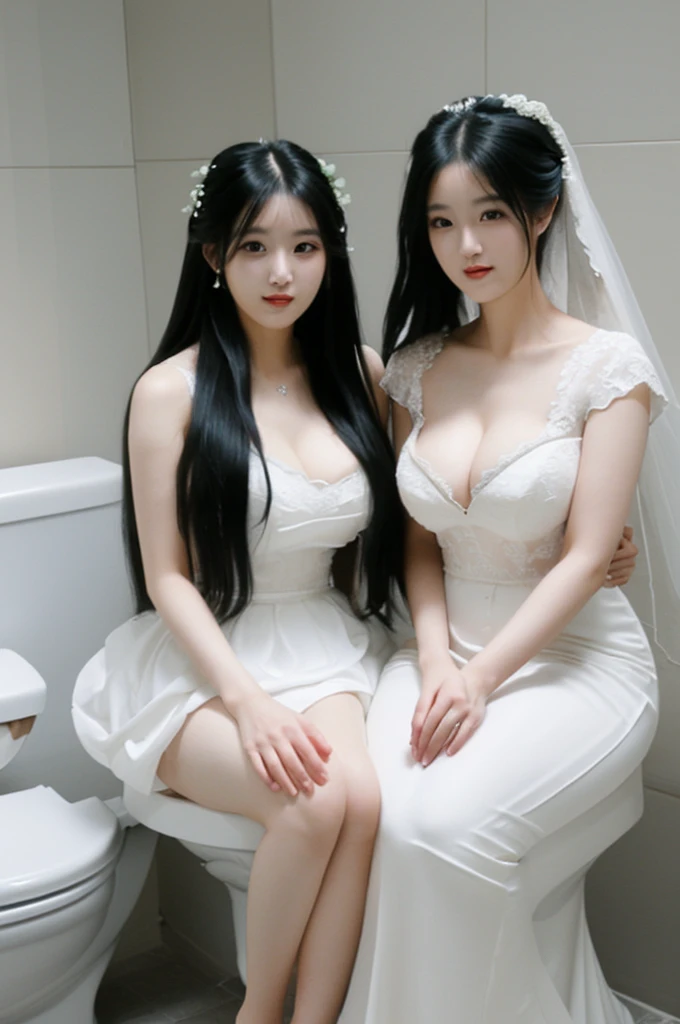 Two brides、In a wedding dress、Are fat、Big Breasts、Big Ass、Super long straight black hair、sit on one toilet seat