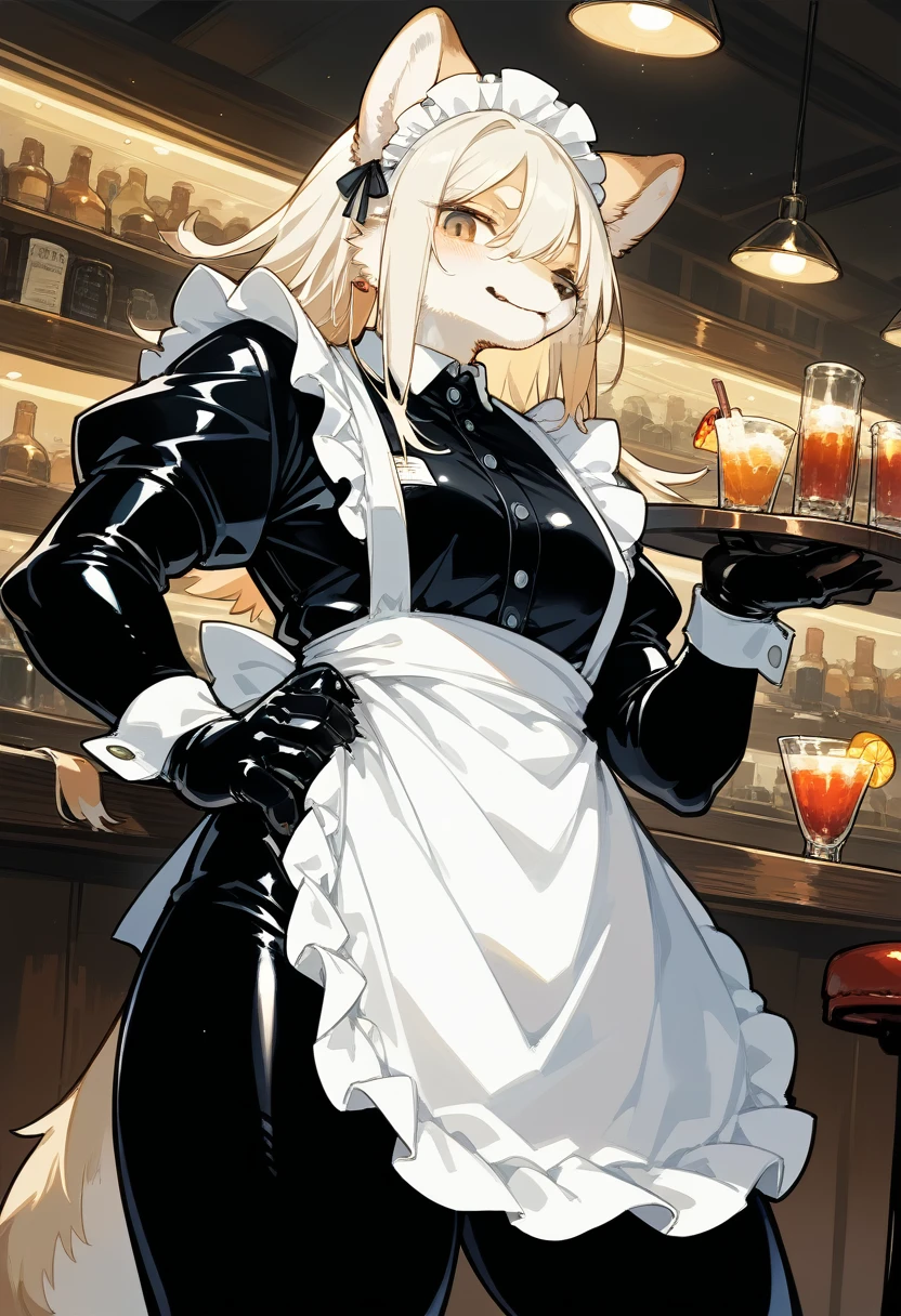 Highest quality, Highest quality, High quality illustrations, masterpiece, Ultra-high resolution, Detailed Background, bartender, bar, Cocktail, Absurd, Perfect Anatomy, Performance, Good lighting, Shadows in the movie(kemono, Furry Personification)Dynamic Angle, Rubber suit, ラbarスーツ, latex, Earrings, Maid clothes