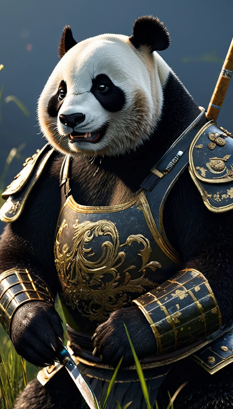 masterpiece, (Super detailed), (Animal anthropomorphism), Panda, good looking, Japanese Armor,knife、 Dim lighting, cigarette, Shadow, Night grassland battlefield, Highest quality, Single Focus, (skimming: 1.1), Muscular man, whole body, Complex (High detail: 1.1) Unreal Engine.multiple、