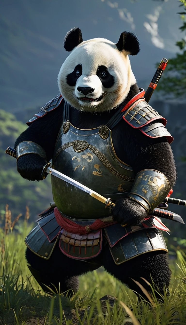 masterpiece, (Super detailed), (Animal anthropomorphism), Panda, good looking, Japanese Armor,knife、 Dim lighting, cigarette, Shadow, Night grassland battlefield, Highest quality, Single Focus, (skimming: 1.1), Muscular man, whole body, Complex (High detail: 1.1) Unreal Engine.multiple、