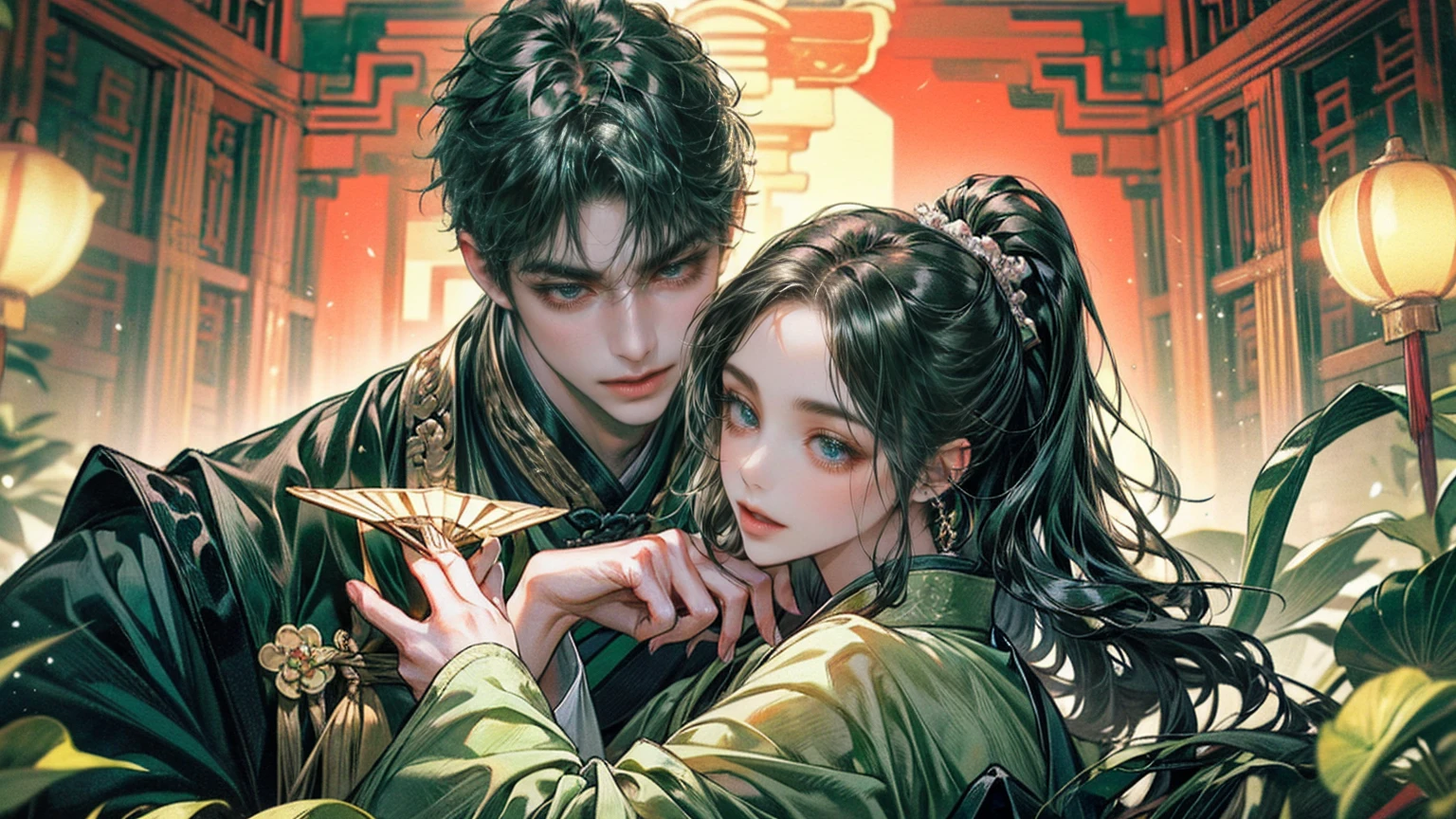 xianxia, (((best quality))),masterpiece,ultra high resolution,extraordinarily beautiful youth, a bright, villains smile,All green clothing,((boy 24 year old, green hanfu,green clothing, Chinese shirt style)) ,boy character ,((Thick black long hair)),beautiful face,detailed interior, detailed boy,((man)),(in bamboo forest), house China style, pure white lotus,beautiful and cute boy ,black eyes,((solo man)),(he has a Big eyes, charming lips, slim nose and small face),(slim figures ),ponytail and 冠, Hiogi fan,Japanese fan ,very long hair, thick hair, black hair ,eyes detailed,pony tails,solo man