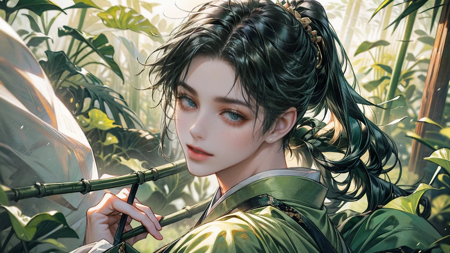 xianxia, (((best quality))),masterpiece,ultra high resolution,extraordinarily beautiful youth, a bright, villains smile,All green clothing,((boy 24 year old, green hanfu,green clothing, Chinese shirt style)) ,boy character ,((Thick black long hair)),beautiful face,detailed interior, detailed boy,((man)),(in bamboo forest), house China style, pure white lotus,beautiful and cute boy ,black eyes,((solo man)),(he has a Big eyes, charming lips, slim nose and small face),(slim figures ),ponytail and 冠, Hiogi fan,Japanese fan ,very long hair, thick hair, black hair ,eyes detailed,pony tails,solo man