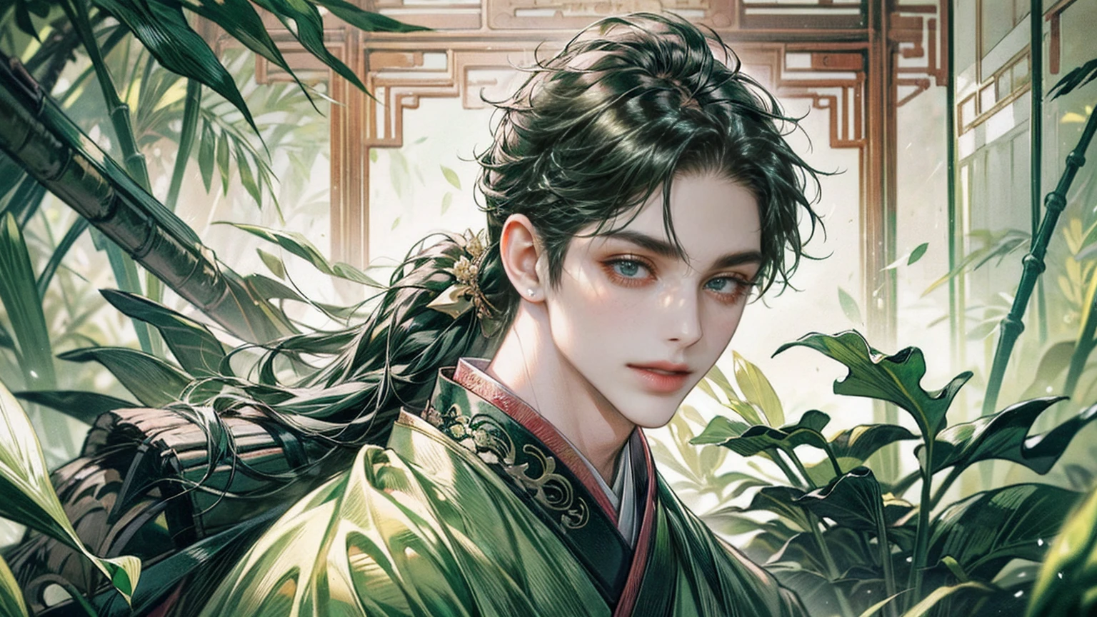 xianxia, (((best quality))),masterpiece,ultra high resolution,extraordinarily beautiful youth, a bright, villains smile,All green clothing,((boy 24 year old, green hanfu,green clothing, Chinese shirt style)) ,boy character ,((Thick black long hair)),beautiful face,detailed interior, detailed boy,((man)),(in bamboo forest), house China style, pure white lotus,beautiful and cute boy ,black eyes,((solo man)),(he has a Big eyes, charming lips, slim nose and small face),(slim figures ),ponytail and 冠, Hiogi fan,Japanese fan ,very long hair, thick hair, black hair ,eyes detailed,pony tails,solo man