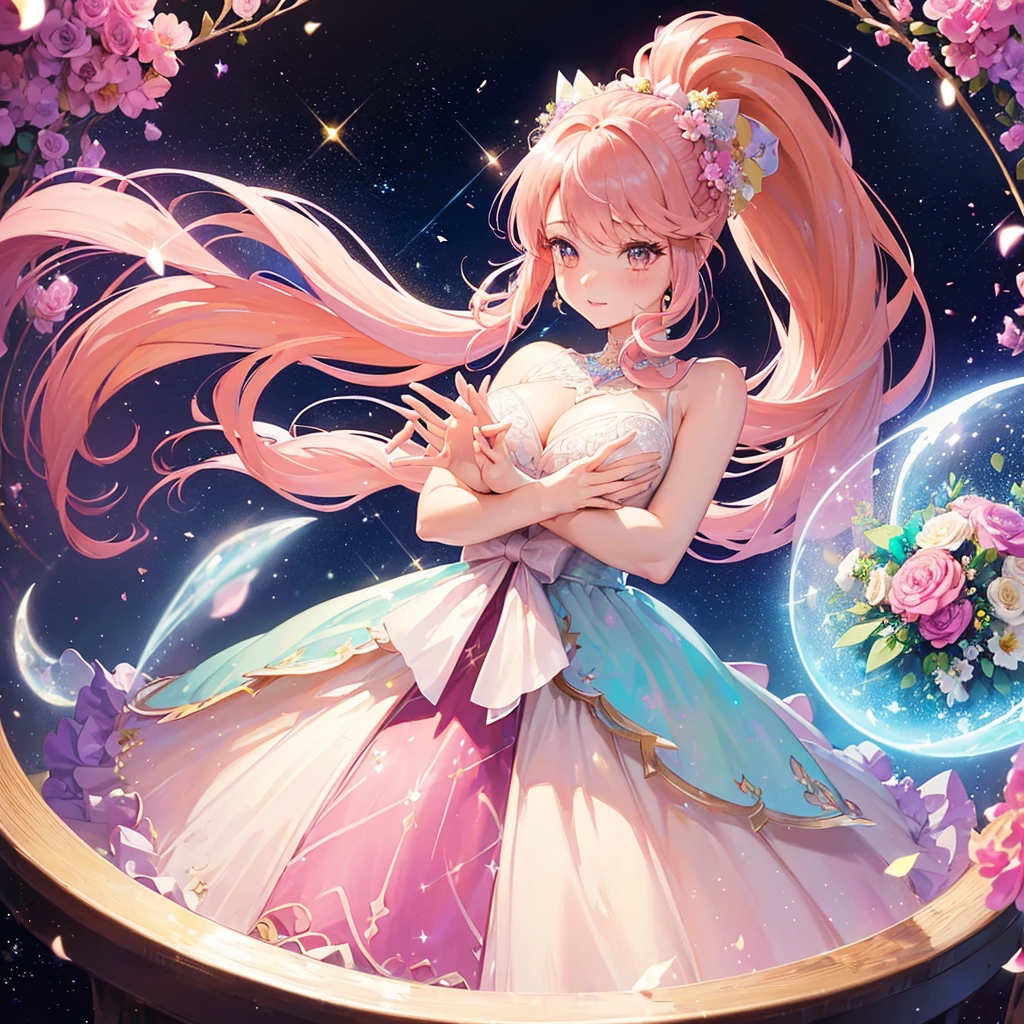 ((Worst quality, low quality)), ((girl)), alone, (Wedding dress), (((Long Hair, ponytail, Pink Hair,):1.3)), (Big Breasts), Hair on one eye, Plump and Shiny Lips, Beautiful and clear eyes, Voice of the Heart, Leaning forward, (Dynamic pose:1.2), (((Beautiful colorful flowers, One large bouquet,Hold it with both hands:1.2))), Confetti, (Moon and majestic castle background), ((Shining moonlight)), (opal), (Light Particles, Shine, light:1.4), Tabletop,Highest quality,Ultra-detailed,