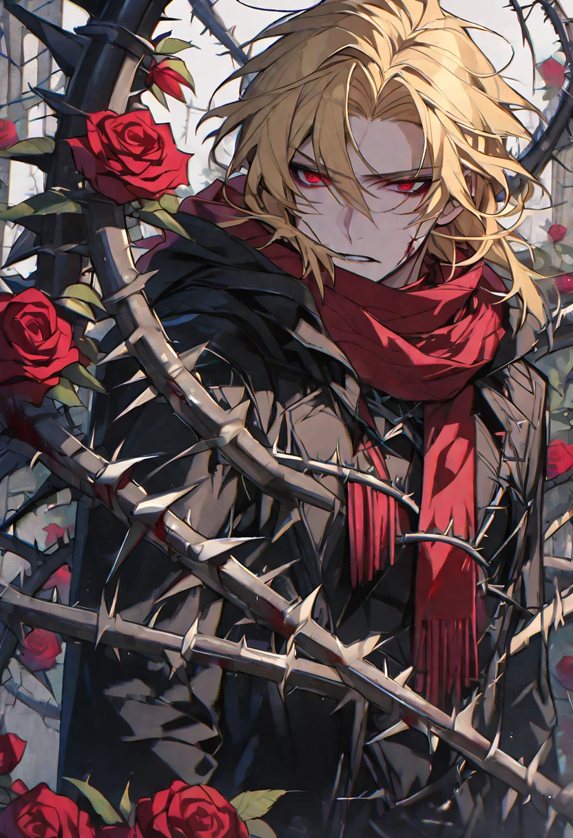 Solo, male, blonde hair, red eyes, black coat, red scarf, black roses, red roses, thorns, blood
