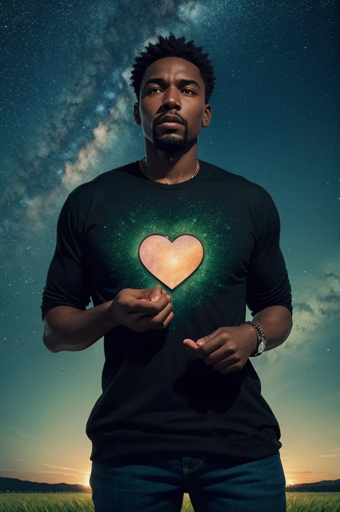Sad black man with a heart in the middle of his chest in a landscape of sky full of stars and a green field