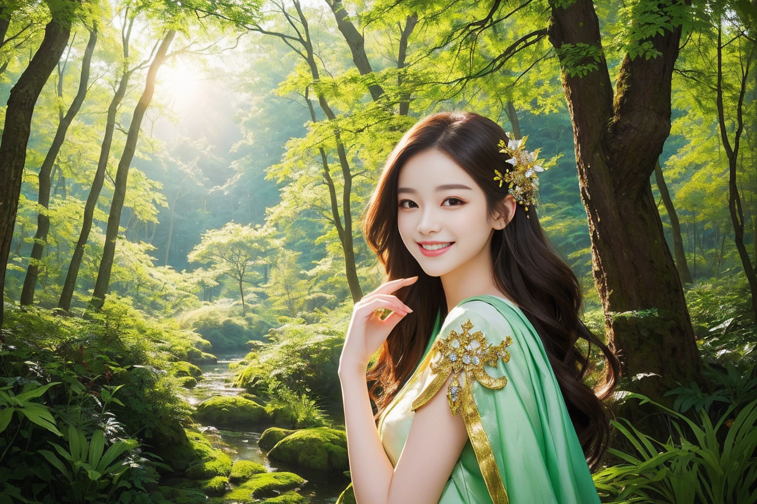 Beauty　Highest quality　masterpiece　smile　in the forest　Fantasy