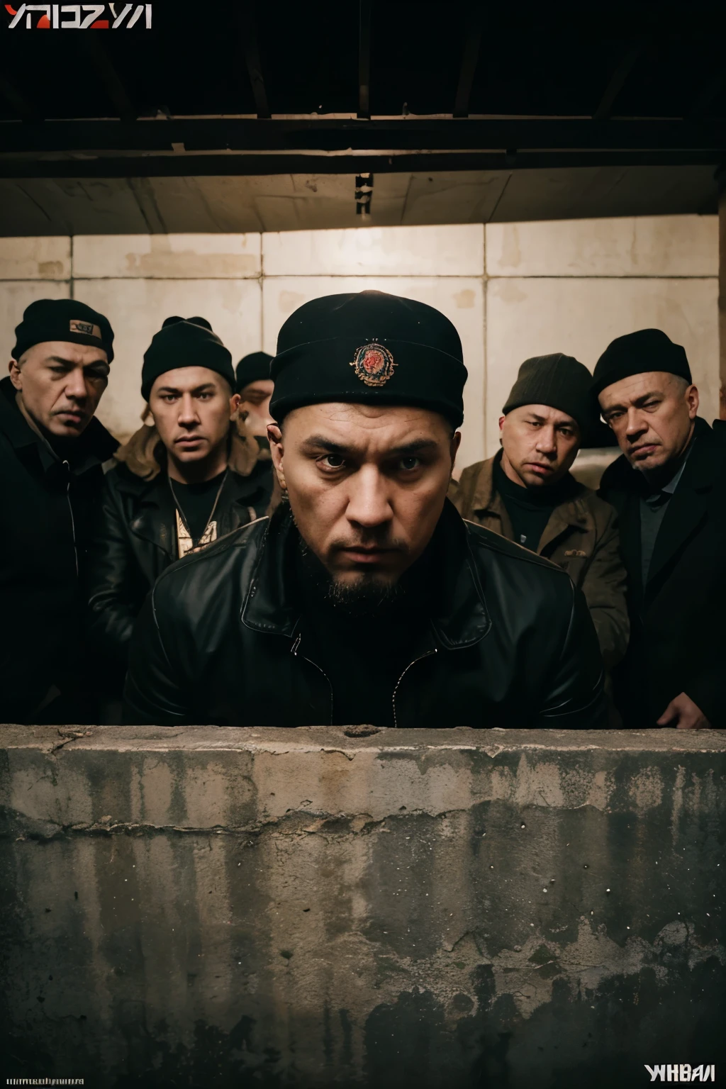 cover for a single of Russian underground rap, a song about the area and the boys, tasteless and secondary cover, a lot of angry men in the frame, old school style, the inscription "Уличная Сила"