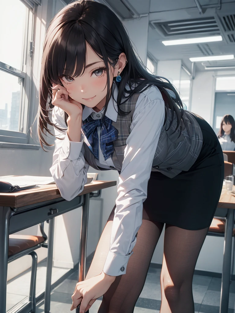 ((((1ladyl,))))  (masterpiece), (realistic), (best quality), (ultra-detailed),  amazing 30 years old wife,  pantyshot, long brown hair, office lady, Wearing a pink plaid vest, White short sleeved shirt, Gray pencil skirt, Wear stiletto heels, Necklace, earrings,  Cute face, Smile, Blushing, Shyness, Glass wall, Ultra Detail, Realistic, Front view, Whole body, (wearing in [[white and gray check pattern]] Vest worn over white collared long-sleeved shirt:1.4), (gray vest with buttons:1.2), (Pink Theme:1.2), (blue ribbon ribbon:1.3), (Black theme:1.4), (Tight black pencil skirt:1.5), ((Brown pantyhose)), (high-heels:1.1),longskirt,office desk, office chair,Lulubre Unity 8K Wallpaper, Beautiful background, clearly, Best Quality, The highest resolution, Best aesthetic,extremely detailed CG unity 8k,