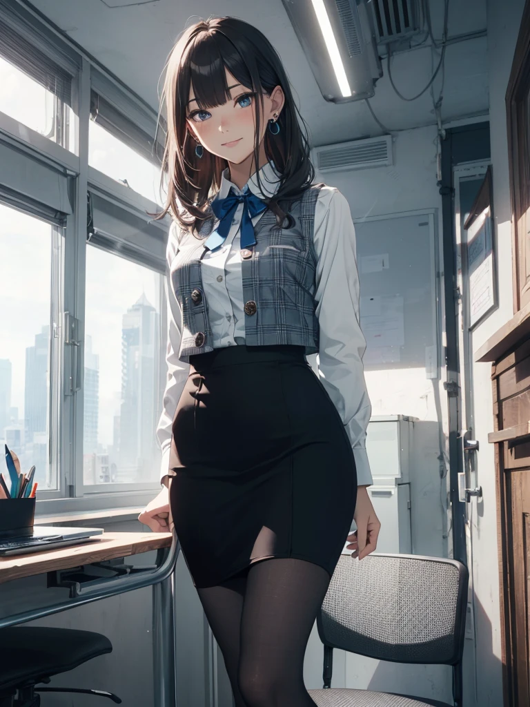 ((((1ladyl,))))  (masterpiece), (realistic), (best quality), (ultra-detailed),  amazing 30 years old wife,  pantyshot, long brown hair, office lady, Wearing a pink plaid vest, White short sleeved shirt, Gray pencil skirt, Wear stiletto heels, Necklace, earrings,  Cute face, Smile, Blushing, Shyness, Glass wall, Ultra Detail, Realistic, Front view, Whole body, (wearing in [[white and gray check pattern]] Vest worn over white collared long-sleeved shirt:1.4), (gray vest with buttons:1.2), (Pink Theme:1.2), (blue ribbon ribbon:1.3), (Black theme:1.4), (Tight black pencil skirt:1.5), ((Brown pantyhose)), (high-heels:1.1),longskirt,office desk, office chair,Lulubre Unity 8K Wallpaper, Beautiful background, clearly, Best Quality, The highest resolution, Best aesthetic,extremely detailed CG unity 8k,