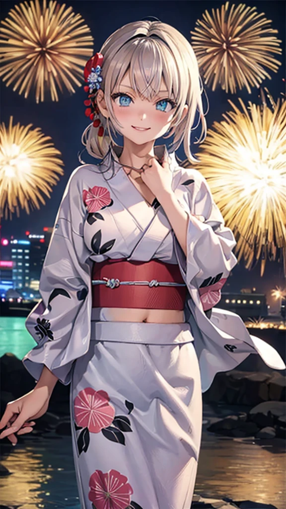 (masterpiece, Highest quality, Super detailed),One girl,((super fine illustration)),((cute eyes,highly detailed skin)),((smile)),(well endowed,Blessed,Captivating body、Detailed Background)、(yukata:1.5),firework,(A lot of fireworks,Night view,Ocean)、Festivals、1girl, kazama iroha, blonde hair, fingerless gloves, japanese clothes, white thighhighs, haori, black gloves, bangs, pleated skirt, ponytail, chest sarashi, blue eyes, black hairband, hair ornament, leaf hair ornament, long sleeves, covered navel, breasts
