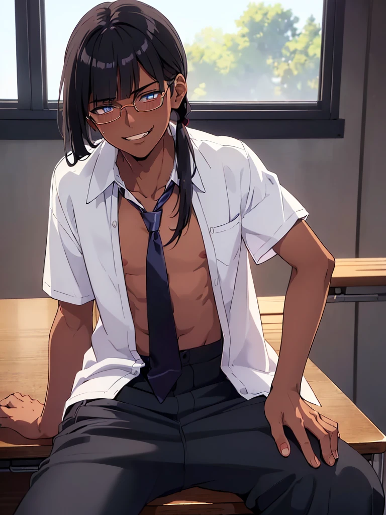 (1 feminine boy solo),(dark skin:1.5),(masterpiece:1.2), highest quality, High resolution, unity 8k wallpaper, (fine and beautiful eyes:1.6), highly detailed face, perfect lighting, Detailed CG, (perfect hands, perfect anatomy),20 years old, (black hair:1.3), detailed eyes, best quality, extremely detailed, very precise detailed, (glasses:1.4), , (straight hair:1.5), (evil smile:1.4) ,long sidelocks, (blush:1.3),(sit on desk:1.3),(Put left knee in front:1.5),(boy's school uniform long pant:1.5),(loosen necktie:1.2),spread legs,bend knee,(open shirt:1.6),(short_sleeves shirt:1.3),(low ponytail),(blunt bangs:1.4), (greaming skin:1.3)
