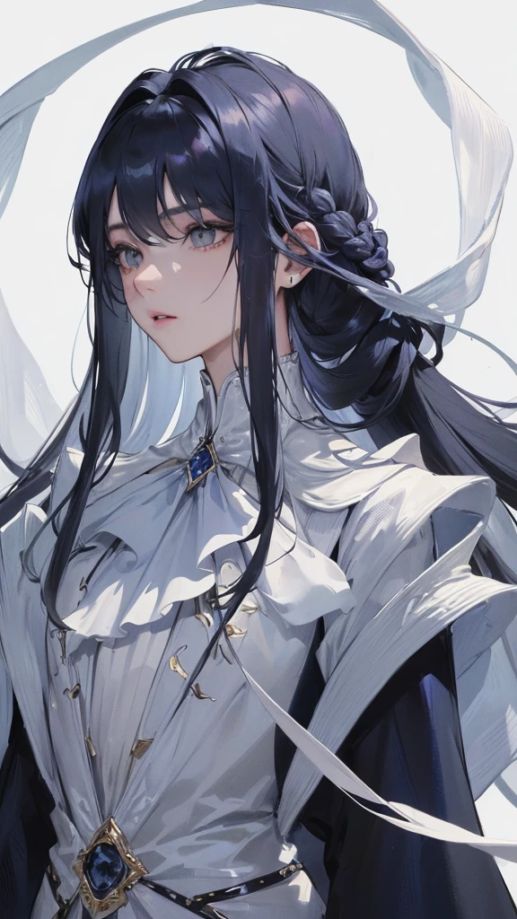 (Top resolution、Distinct_image)top-quality、femele、masterpiece、highly detailed、Semi-realistic、grey eyes、18year old、young、Exquisite facial features、Facial features、unique hairstyle, variations, potrait, white background, dark blue hair , long straight hairstyles, wear black suits , dark blue hair ,cold expression