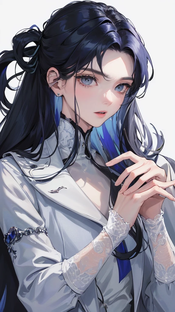 (Top resolution、Distinct_image)top-quality、femele、​masterpiece、highly detailed、Semi-realistic、grey eyes、18year old、young、Exquisite facial features、Facial features、unique hairstyle, variations, potrait, white background,   dark blue hair , long straight hairstyles, wear black suits , dark blue hair ,cold expression