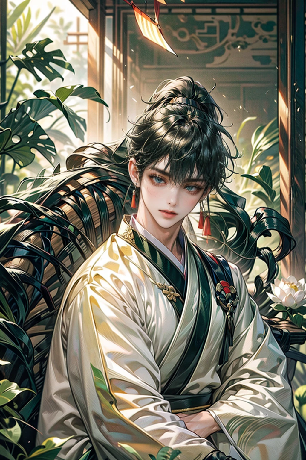 xianxia, (((best quality))),masterpiece,ultra high resolution,extraordinarily beautiful youth, a bright, villains smile,All green clothing,((boy 24 year old, green hanfu,green clothing, Chinese shirt style)) ,boy character ,((Thick black long hair)),beautiful face,detailed interior, detailed boy,((man)),(in bamboo forest), house China style, pure white lotus,beautiful and cute boy ,black eyes,((solo man)),(he has a Big eyes, charming lips, slim nose and small face),(slim figures ),ponytail and 冠, Hiogi fan,Japanese fan ,very long hair, thick hair, black hair ,eyes detailed,pony tails,solo man